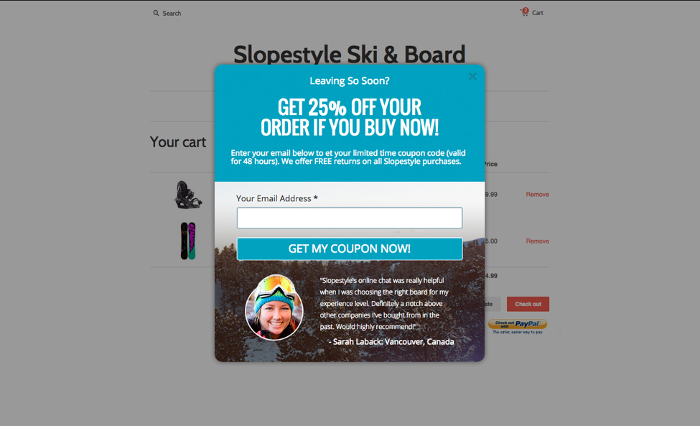 shopping cart pop-up